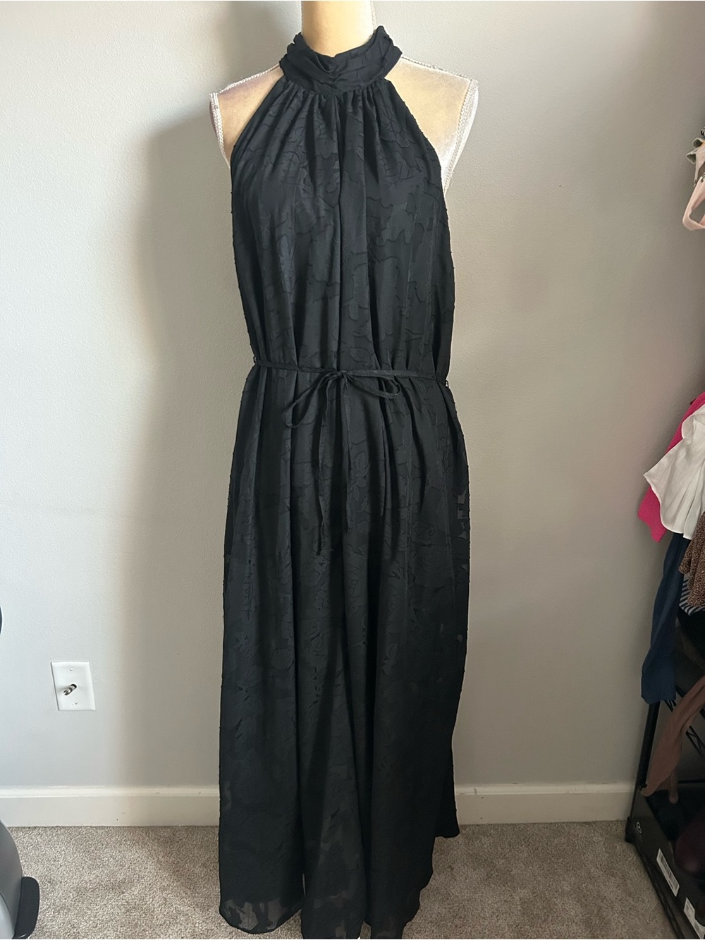 NWT Maggy London Black Halter Lace Pantsuit Jumpsuit Wide Leg Tie Waist Sz 10
